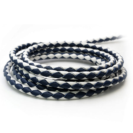 1 Meter Braided Leather Cord, Ø 5 mm, White cu Dark Blue