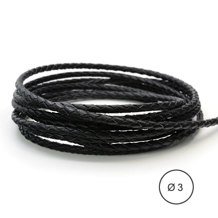 1 Meter Braided Leather Cord, Ø 3 mm, Black